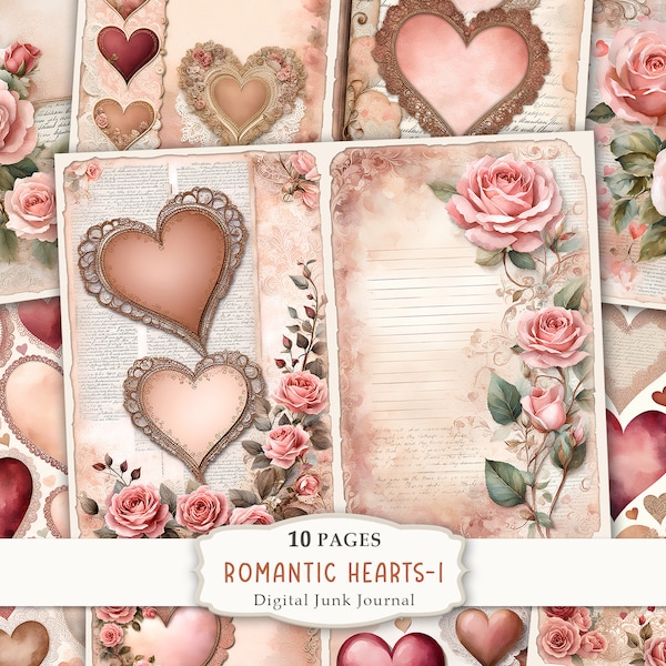 Romantic Hearts- 10 Pages Junk Journal Kit, Valentine's Day Junk Journal, Vintage Romantic Scrapbook Paper, Digital Collage Sheet Scrapbook