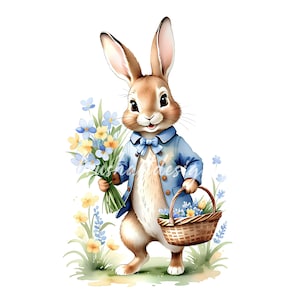 10 Peter Rabbit und Blumen Cliparts, Beatrix Potter-Stil, Frühling Clipart, Hasen Clipart, Kartenherstellung, JPG Papierkunst, Papierkunst, Junk Journal