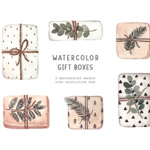 Coffrets cadeaux clipart aquarelle, cliparts de Noël, cadeaux d'anniversaire, cadeaux écologiques, illustrations d'emballages cadeaux, image cadeau