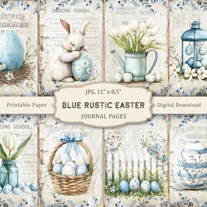 Kit diario rustico blu di Pasqua, pagine stampabili di Pasqua primaverile, carta per scrapbooking di Pasqua, carta per scrapbooking di conigli, download digitale