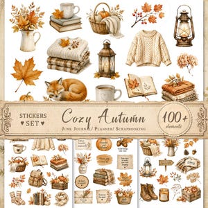 May include: A digital sticker set titled Cozy Autumn featuring over 100 illustrations including pumpkins, autumn leaves, knit sweaters, lanterns, books, mugs, a fox, and various text labels for junk journaling, scrapbooking, and planner decoration.