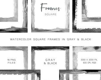 May include: Set of 16 watercolor square frames in gray and black. The frames are 3000 x 3000 pixels, 600 DPI, and in RGB color mode. The frames are perfect for adding a touch of elegance to your designs.