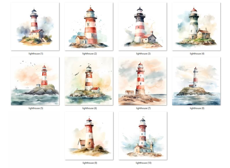 Puede incluir: Diez acuarelas de faros con rayas rojas y blancas y molduras blancas. Cada faro est&aacute; en una peque&ntilde;a isla con una peque&ntilde;a casa o edificio cerca. Los faros est&aacute;n sobre un fondo de acuarela de cielo azul y agua.