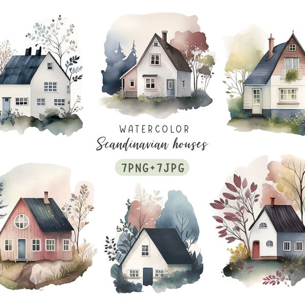 Scandinavian watercolor house clipart, Houses drawing, Farmhouse clipart, Village clipart, House painting, Watercolor house, PNG, JPG