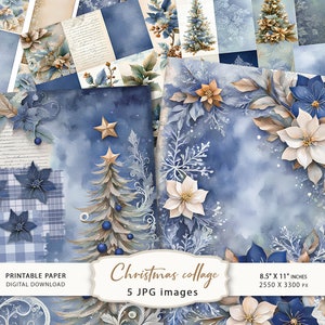 Indigo Christmas - Kit da 5 pagine di diario spazzatura, carta per scrapbooking, albero di Natale, kit di diario spazzatura Indigo, fogli di collage natalizi vintage