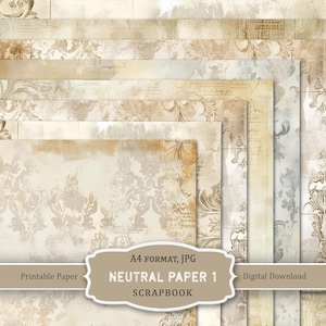 May include: A collection of printable scrapbook paper sheets in neutral tones. The papers feature vintage-style designs with floral patterns, aged textures, and handwritten script elements. The image includes text that reads "A4 Format, JPG, Neutral Paper 1, Scrapbook, Printable Paper, Digital Download."