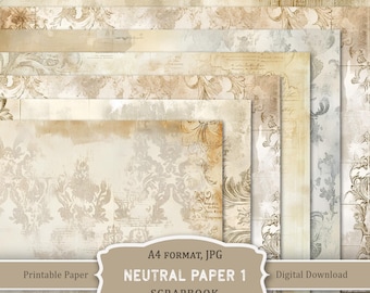 A4 Neutral Paper-1 Junk Journal Pages, Shabby Chic Scrapbook Papers, Beige Journal, Digital Download