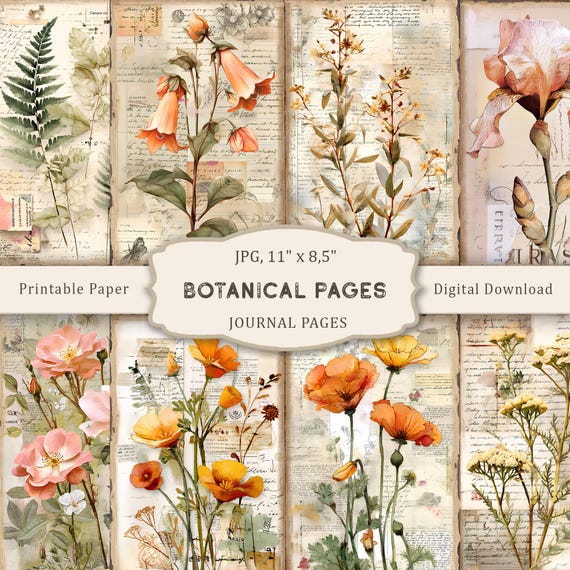 24 Botanical Flowers Junk Journal Pages, Floral Scrapbooking Paper, Vintage Ephemera (Digital Download)