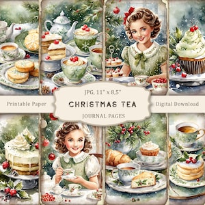Pagine di diario di Natale con tè spazzatura, pagine stampabili di dolci natalizi, carta per album, collage digitale di cucina natalizia, effimeri vintage