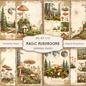 May include: Digital journal pages with illustrations of mushrooms, trees, and moons. The pages have a vintage aesthetic, with the text "MAGIC MUSHROOMS JOURNAL PAGES" and dimensions of 21.59 cm x 27.94 cm.