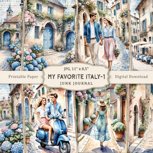 My Favorite Italy-1 Junk Journal Kit, página para impressão Itália, papel digital de viagem, álbum de recortes de férias no mar, artesanato em papel, download digital