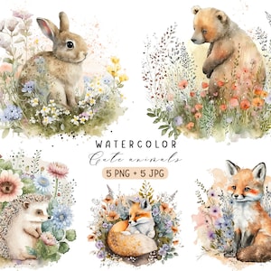 Ensemble de cliparts aquarelle animaux de la forêt, lapin, renard, ours, hérisson, parfait pour le scrapbooking et les projets printaniers