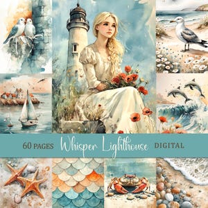 May include: A digital art collage with a coastal theme. It features a lighthouse, a woman, birds, a sailboat, dolphins, starfish, and a crab. The text "Whisper Lighthouse DIGITAL" is displayed.