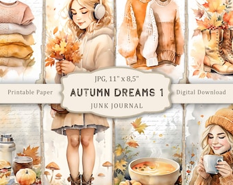 Sueños de otoño n.° 1: Páginas para diario basura, hojas de collage para álbum de recortes otoñales, objetos vintage, papel digital