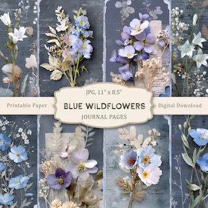 Kit de carnet bleu fleurs sauvages, pages imprimables fleurs, papier floral pour scrapbooking, collage numérique de fleurs printanières, éphémères vintage