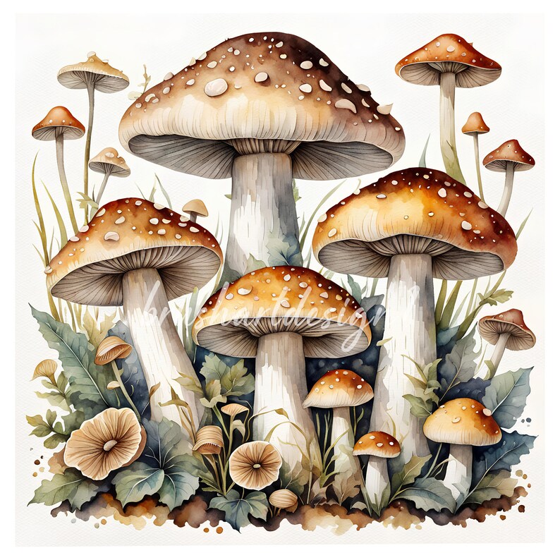 May include: A watercolor painting of a group of mushrooms in various sizes and colors. The mushrooms are arranged in a cluster, with some overlapping. The largest mushroom is in the center of the image and has a brown cap with white spots. The other mushrooms are smaller and have a variety of colors, including red, orange, and yellow.