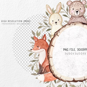 May include: Watercolor illustration of a fox, rabbit, bear, and hedgehog surrounding a wooden circle with a white background. The animals are all facing the circle and have a whimsical, cartoon-like style. The image is perfect for a nursery or children's room.