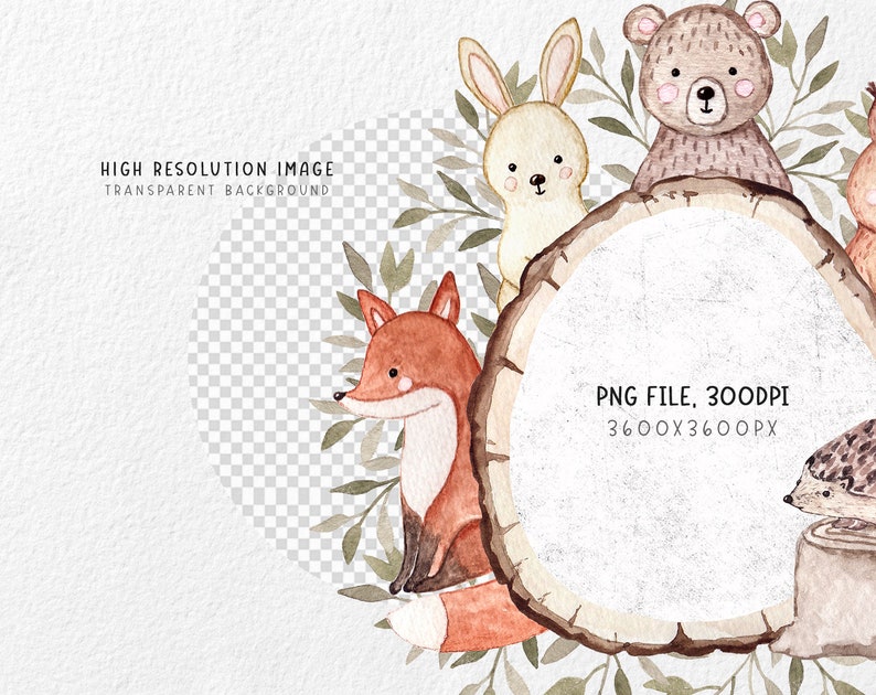 May include: Watercolor illustration of a fox, rabbit, bear, and hedgehog surrounding a wooden circle with a white background. The animals are all facing the circle and have a whimsical, cartoon-like style. The image is perfect for a nursery or children's room.