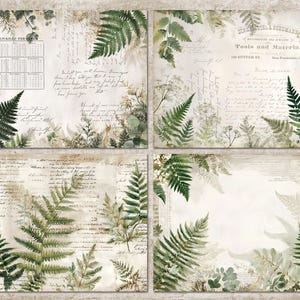 May include: Four vintage-style paper sheets with a botanical theme. Each sheet features fern illustrations in shades of green and cream, with handwritten script and calendar elements. The overall aesthetic is antique and nature-inspired.
