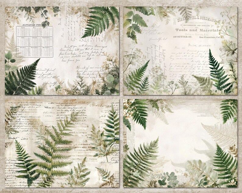 May include: Four vintage-style paper sheets with a botanical theme. Each sheet features fern illustrations in shades of green and cream, with handwritten script and calendar elements. The overall aesthetic is antique and nature-inspired.