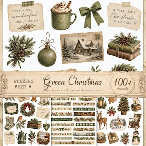 Puede incluir: Un conjunto de pegatinas digitales con más de 100 elementos navideños que incluyen una taza verde con nata montada, un lazo de punto, ramas de pino, una postal vintage de una casa, libros apilados, coronas, un reno y bordes decorativos.