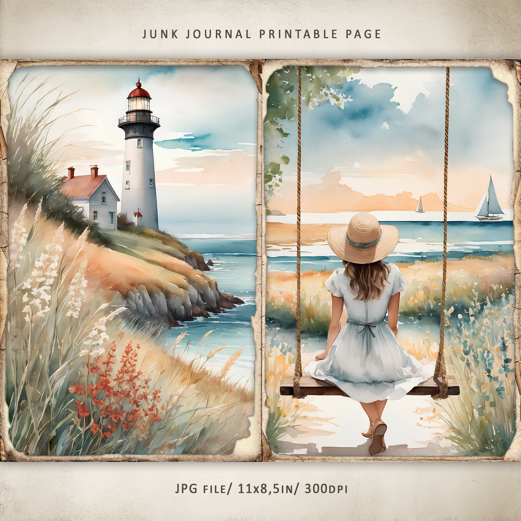 Whisper Lighthouse-1 Junk Journal Kit, Watercolor Lighthouse Printable ...