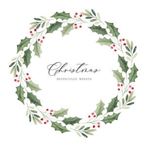 Christmas wreath clipart, Watercolor wreath, Digital download, Mistletoe wreath, Wreath of holly, Holiday clipart, Commercial use,PNG wreath image 1