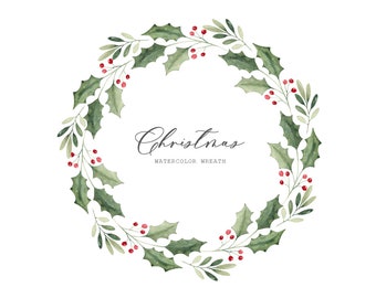 Christmas wreath clipart, Watercolor wreath, Digital download, Mistletoe wreath, Wreath of holly, Holiday clipart, Commercial use,PNG wreath