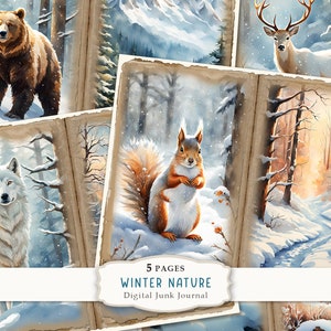 Kit de 5 páginas de diario basura sobre la naturaleza invernal, diario vintage con bosque invernal, papel de diario con animales invernales, hoja de collage, descarga instantánea