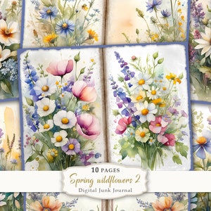 Frühlings-Wildblumen- 10 Junk Journal Seiten Kit, Floral Journal Seite, Frühling druckbare Seiten, Wildblumen Scrapbooking Papier, Collage Sheet
