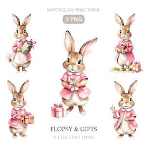 Flopsie Kaninchen & Geschenke Cliparts PNG, Beatrix Potter Stil, Flopsie Bunny, Aquarell Geburtstag Clipart, Kartenherstellung, Geschenk Clipart, Papiermodell