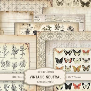 May include: A collection of digital journal papers featuring vintage-style designs, including botanical illustrations, butterfly patterns, lined stationery, and aged newspaper clippings. The set includes 8.5 inch by 11 inch sheets with neutral tones.