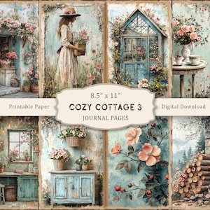 May include: A collage of journal pages with a vintage cottage theme. The pages feature illustrations of cottages, flowers, and a woman. The text "COZY COTTAGE 3 JOURNAL PAGES" is displayed, along with the size "8.5" x 11". The color palette includes soft blues, pinks, and greens.