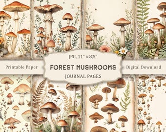 May include: Printable journal pages featuring illustrations of various forest mushrooms in shades of brown, beige, and white. The pages are designed for crafting and scrapbooking.