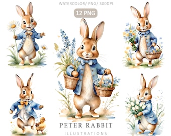 Peter Rabbit Watercolor Clipart- 12PNG, Beatrix Potter Style, Spring Bunny with flowers, Digital Download