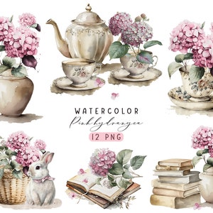 Niedliche Szenen mit rosa Hortensienblüten, rosa Hortensie, Blumen Clipart, Teetasse, Bücher Clipart, Hortensien Tee, Kaninchen und Hortensie
