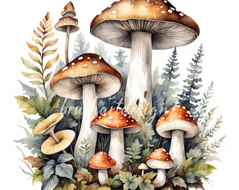 May include: Watercolor painting of a cluster of mushrooms in various sizes and colors, surrounded by green foliage. The largest mushroom has a brown cap with white spots and a white stem. The other mushrooms have red and white caps with white stems.