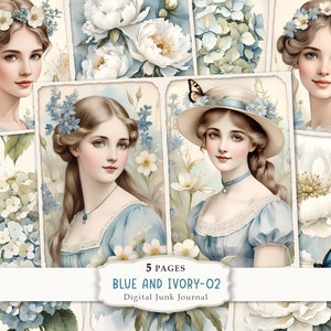 Blau und Elfenbein- 02 Junk Journal Kit, viktorianisches Junk Journal, Vintage Frauen Collage Sheet, Floral Scrapbooking Papier, Journal Ephemera