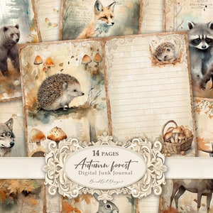 Autumn forest- 14 Pages Junk Journal Kit, Autumn forest notebook, Fall ephemera, Woodland Fall Animals Pages, Digital Scrapbook paper