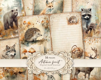 Bosque otoñal: Kit de diario basura de 14 páginas, cuaderno de bosque otoñal, efímeras de otoño, páginas de animales del bosque otoñal, papel para álbum de recortes digital