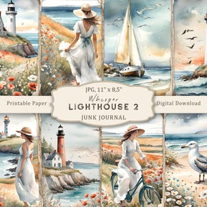 May include: A digital download of 8.5 x 11 inch printable paper featuring a collage of watercolor illustrations. The collage includes a lighthouse, a sailboat, a woman in a white dress, a woman riding a bicycle, and a seagull. The text "Whisper Lighthouse 2 Junk Journal" is included in the image.