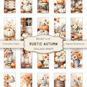 May include: A digital collage sheet featuring 18 images of rustic autumn decor. The images include pumpkins, gourds, lanterns, candles, and autumn foliage. The collage sheet is perfect for crafting, scrapbooking, and other creative projects.