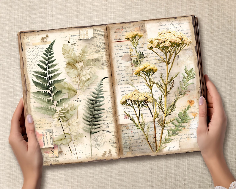 May include: An open vintage journal with pressed botanicals. The pages are filled with handwritten notes and the journal is decorated with dried flowers and leaves. The journal is open to reveal a page with a pressed fern and a pressed flower.