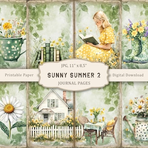 Diario estivo soleggiato - 2, Pagine stampabili con margherite, Carta botanica floreale, Carta per scrapbooking con giardino fiorito, Effimere vintage digitali
