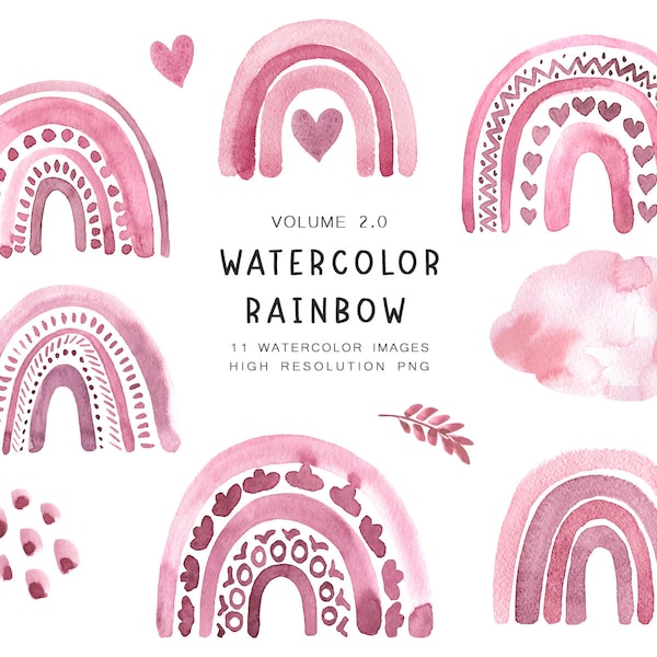 Watercolor Pink rainbow clipart, Rainbow PNG, Baby Shower, Baby Clipart, Nursery Decor, Planner Stickers, Pink Rainbow, Girl Decor