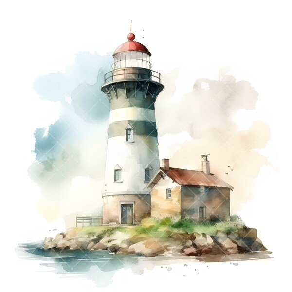 10 Sea Lighthouse clipart, Watercolor Marine clipart, Nautical clipart, Card making, High Quality JPG, Paper craft, Digital, Junk Journal