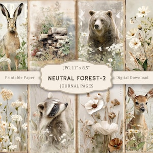 Neutral Forest-2 Junk Journal Druckbare Seiten, Waldtiere Seiten, Collage Sheets, Wald Seiten, Scrapbook Papier, Vintage Ephemera