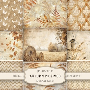May include: A digital collage of autumn-themed journal paper. The image features various patterns, including butterflies, ferns, and damask designs, in warm, earthy tones. A central banner reads "Autumn Motives Journal Paper."