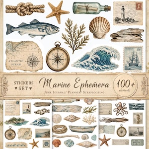 Pode incluir: Um conjunto de autocolantes com tema marinho, incluindo ilustrações de uma bússola, estrelas-do-mar, conchas, um selo de farol, um navio numa garrafa, um nó de corda, um peixe, madeira flutuante, uma onda e um mapa com texto.