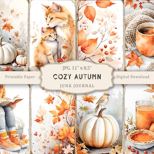 Kit aconchegante de diário lixo de outono com páginas em aquarela, coisas efêmeras vintage, folhas de colagem de scrapbook, papel digital de outono, páginas de ação de graças